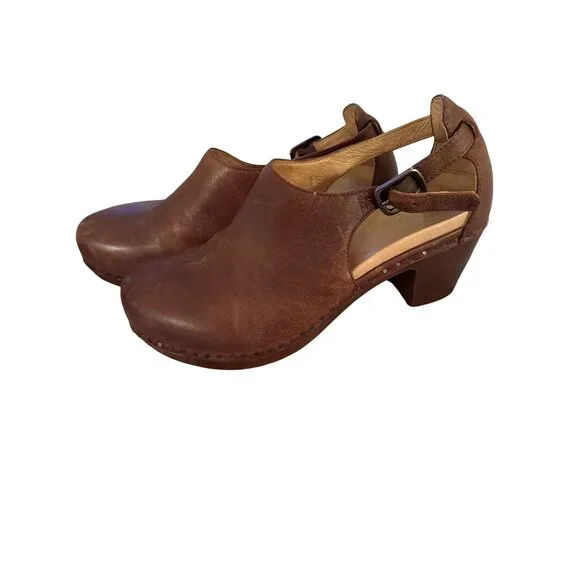 Dansko Womens Sassy Clogs Tan Size 40 Brown Leather Block Ankle Strap Casual - Picture 7 of 16